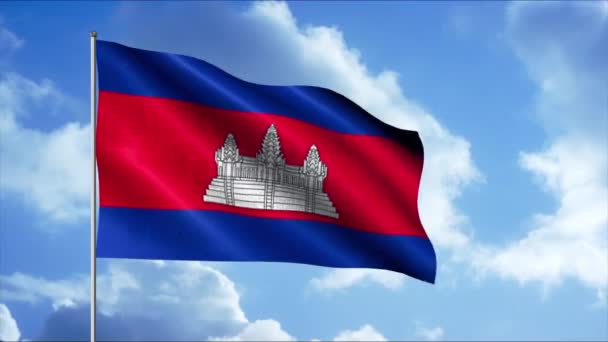 Bandeira do Camboja. Moção. A moderna bandeira do Reino do Camboja é um painel com três listras horizontais de azul e vermelho de diferentes tamanhos no centro com um palácio branco. — Vídeo de Stock