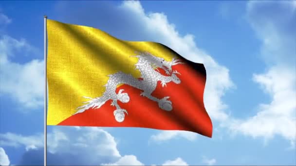 Vlag van Bhutan. Beweging. Op de vlag zijn twee rechthoekige driehoeken zichtbaar: de bovenste gele en de onderste oranje witte draak in het midden van de vlag — Stockvideo