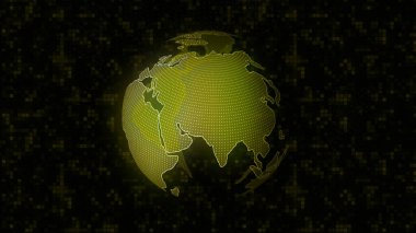 Dünyanın üç boyutlu sanal yansıması. Hareket. Dünya gezegeninin siyah arka plandaki yansıması. Gezegenin sibernetik ya da sanal modeli