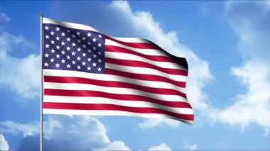 Rüzgarda dalgalanan 3 boyutlu bayrak. Hareket. Gökyüzünün arka planında bulutlu bir ülke bayrağı. ABD bayrağıyla vatansever görüşü