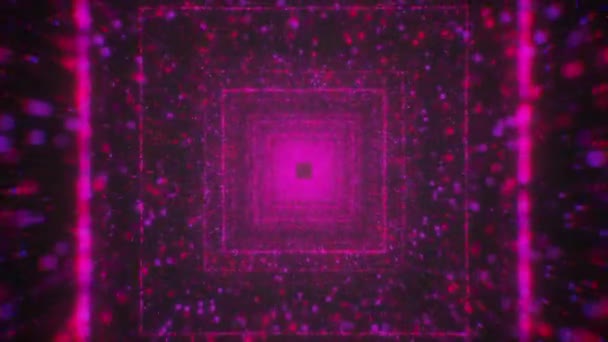 Abstrakter Tunnel im Weltraum in hellrosa Farben mit quadratischen Silhouetten. Bewegung. Fliegen durch die Wolke aus glänzenden Teilchen und einem glühenden Punkt. — Stockvideo