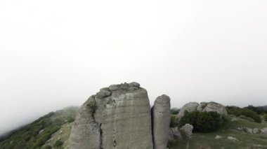 İnsansız hava aracının manzarası. Aksiyon. Üzerinde sık sık yeşil bitki örtüsü olan büyük dağlar, parlak, hafif sisli bir gökyüzünün arka planına karşı..