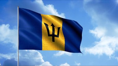 Gökyüzünün arka planında güzel bir ülke bayrağı. Hareket. Ülke bayrağı taşıyan vatansever bir ruh. Bayrak direğinde Barbados 'un yerel bayrağı
