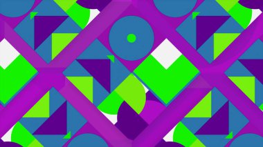 Parlak ve renkli figürler geçmişe dönük hareket eder. Hareket. Hareket eden geometrik şekilli güzel bir animasyon. 80 'lerin tarzında hareket tasarımı