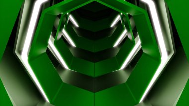 Vardiyalı 3D parlayan tünel. Tasarım. Keskin ışık çizgileri olan parlak bir tünel. Siber vardiyalı halka tüneli