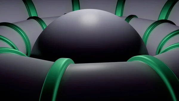 Abstraktní černá koule s 3D černými a zelenými kroužky rotujícími do různých směrů. Design. Neobvyklá postava v pohybu. — Stock fotografie