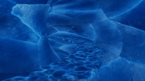 Konzept des Abenteuers, sich im Inneren Stein mineralische blaue Höhle von blauer Farbe. Design. Endlose Biegung schöner unterirdischer Tunnel, nahtlose Schleife. — Stockfoto