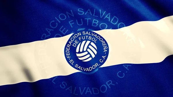 Bandiera 3D con emblema del calcio di squadra. Mozione. Bandiera della squadra di calcio nazionale o statale. Stemma della squadra di calcio sulla bandiera di El Salvador — Foto Stock