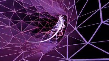 Neon çok renkli kenarlı çokgenler hareket ediyor ve siyah bir arkaplan oluşturuyor. Tasarım. Plexus tünelinde geriye doğru uçuyor..