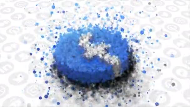L'abstraction. Motion. L'icône Facebook se divise en petites parties bleues. À utiliser uniquement pour l'éditorial. — Video