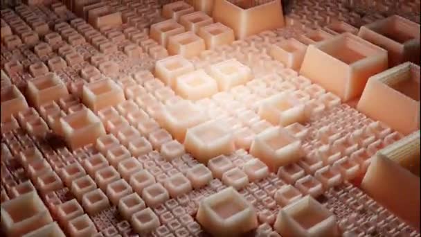 Abstract oppervlak met plastic 3D vormen, naadloze lus. Ontwerp. Vliegen boven kleine en grote afgeknotte piramides holle binnenkant van licht oranje kleur. — Stockvideo