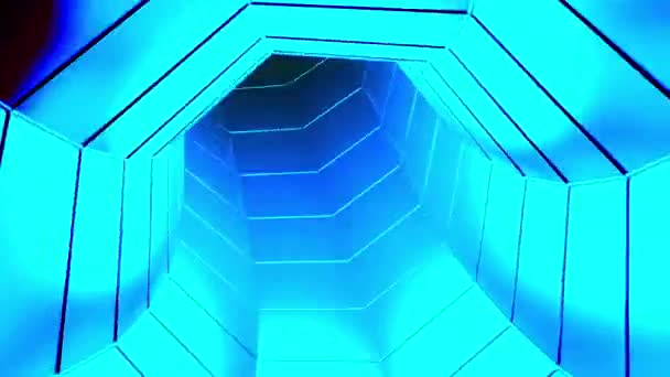 外太空背景，在霓虹灯蓝色隧道内飞行。设计。六边形轮廓走廊，无缝环路. — 图库视频影像