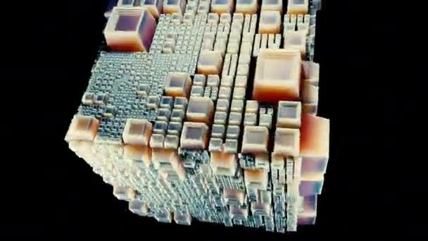Abstract plastic 3D kubus draaiend op een zwarte achtergrond, naadloze lus. Ontwerp. Vliegende 3D-vorm met kleine en grote afgeknotte piramides holle binnenkant van licht oranje kleur. — Stockvideo