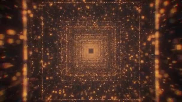 Коридор ярких квадратов. Движение. Черные кадры, на которых яркие квадратики движутся вперед вокруг ярких маленьких частиц. — стоковое видео