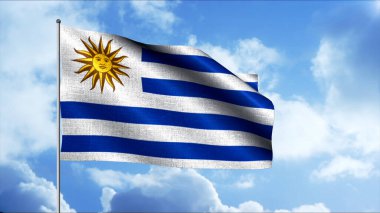 Uruguay bayrağı. Hareket. Dokuz yatay beyaz ve mavi şerit aynı zamanda bir yüzü ve çok sayıda ışığı olan beyaz bir güneştir..