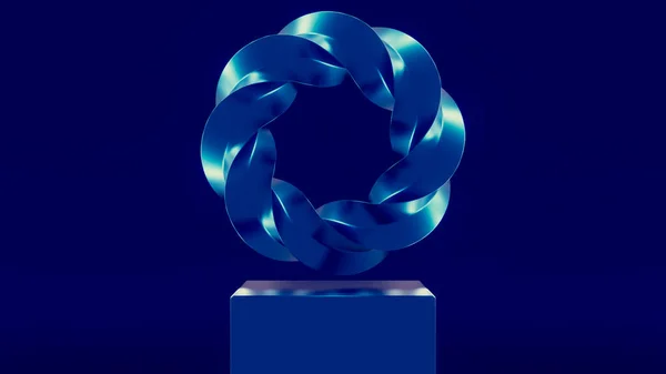 Anello astratto blu ritorto che levita sopra il piedistallo. Progettazione. Rotazione anello a forma di fiore su uno sfondo blu. — Foto Stock