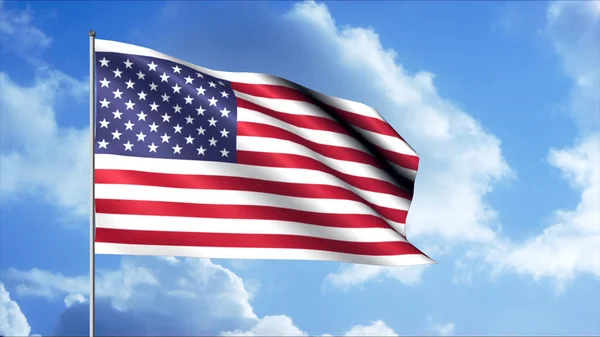 Bandiera 3D sventola nel vento. Mozione. Bandiera di paese su sfondo di cielo con nuvole. Vista patriottica con bandiera statunitense — Foto Stock