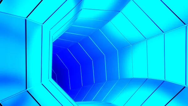 Зовнішній космічний фон з польотом всередині неонового блакитного тунелю. Дизайн. Коридор шестикутних силуетів, безшовна петля . — стокове фото