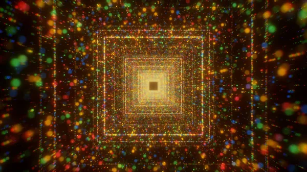 Un couloir de places lumineuses. Motion. Images noires sur lesquelles des carrés lumineux avancent autour de petites particules lumineuses. — Photo