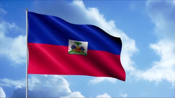 ハイチの国旗。動き光の青空を背景に展開する2トーンのキャンバス. — ストック動画