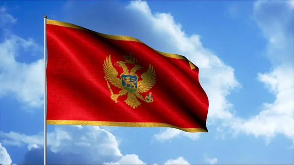 Montenegro flag continuously waving by the force of the wind blowing through it. Motion. Red waving flag with a golden eagle. — Stock Photo, Image