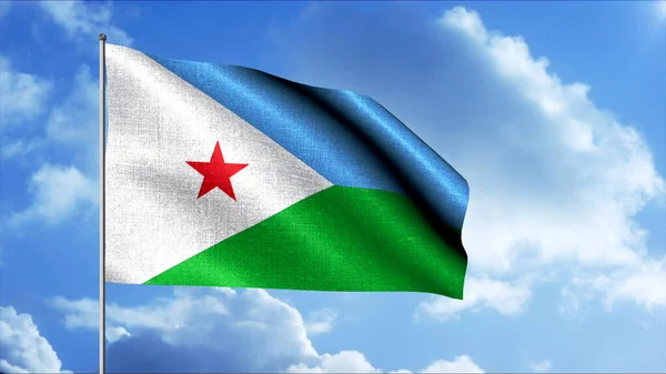 Σημαία Τζιμπουτί κυματίζει στον άνεμο με θολό φόντο animation. Κίνηση. Πολύχρωμο ρεαλιστική κυματιστή σημαία, αδιάλειπτη βρόχο. — Φωτογραφία Αρχείου