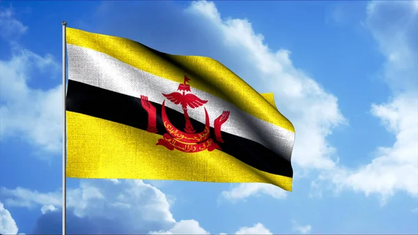 Bulutlu arka plan animasyonuyla rüzgarda dalgalanan Brunei bayrağı. Hareket. Renkli gerçekçi sallanan bayrak, pürüzsüz döngü. — Stok fotoğraf