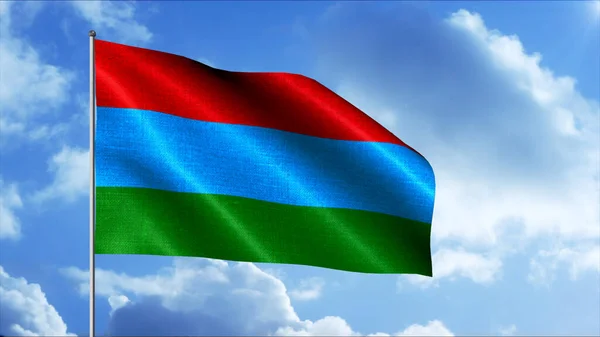 Флаг Республики Карелия, машущий ветром на голубом фоне неба. Движение. Концепция патриотизма и национальной гордости. — стоковое фото