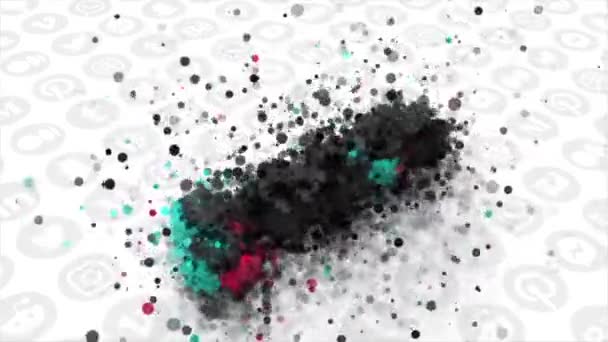 Het heldere TikTok logo. Beweging. Een abstractie waarop zwarte deeltjes samenkomen en een sociaal netwerklogo creëren. — Stockvideo