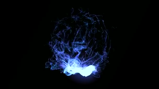 Fond noir. Les rayons bleus semblent fluctuer comme par magie et former la forme d'une boule dans l'abstraction. — Video
