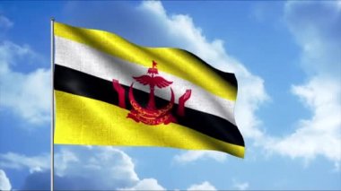 Bulutlu arka plan animasyonuyla rüzgarda dalgalanan Brunei bayrağı. Hareket. Renkli gerçekçi sallanan bayrak, pürüzsüz döngü.