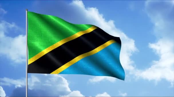 Drapeau réaliste abstrait de Tanzanie avec un tissu ondulé contre un ciel bleu clair nuageux, boucle sans couture. Motion. Drapeau mouvant coloré sur un mât. — Video