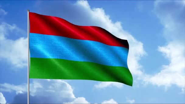 Die Flagge der Republik Karelien weht im Wind vor hellblauem Himmel. Bewegung. Konzept von Patriotismus und Nationalstolz. — Stockvideo