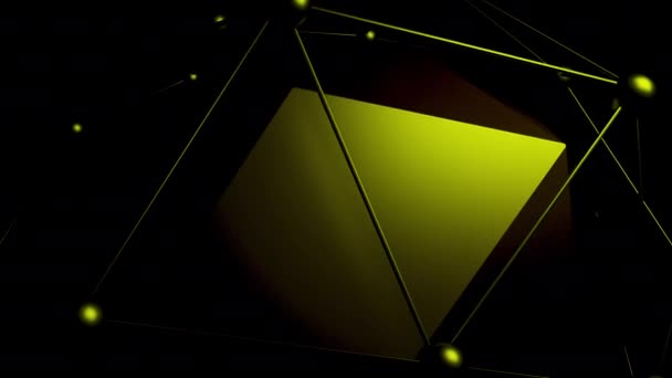 Svart bakgrund.Design. En mörkgrön kub i 3D på toppen trimmad med linjer och cirklar i abstraktion. — Stockvideo