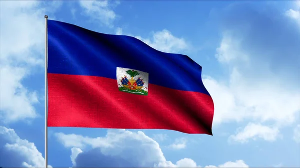 La bandera de Haití. Motion.A lona bicolor que se desarrolla sobre el fondo de un cielo azul claro. — Foto de Stock
