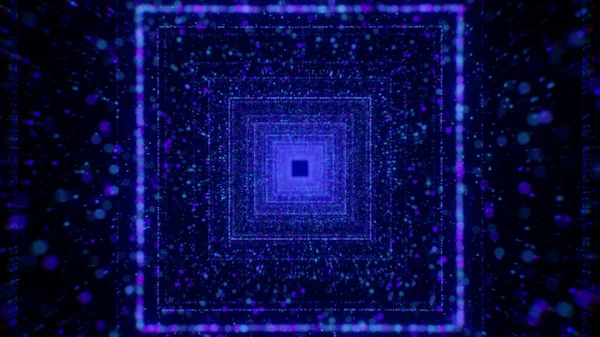 Animation riesiger geometrischer Formen auf blauem Hintergrund. Bewegung. Große Quadrate, neben denen sich kleine, glänzende Lichter vorwärts bewegen. — Stockfoto
