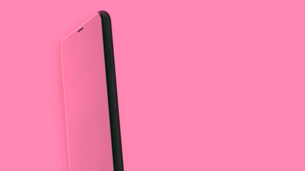 白とピンクの背景。動きだ。抽象化された黒い携帯電話は、光の背景をゆっくりと移動します。. — ストック動画