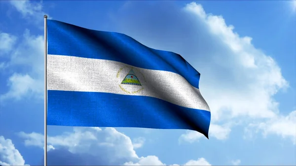 Flaga Nikaragui. Wniosek. Flaga pokazuje 3 poziome pasy o tej samej szerokości: niebieski, biały i niebieski. Herb kraju jest przedstawiony na środku białego paska.. — Zdjęcie stockowe