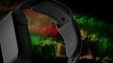 Yeni elektronik saat modeli. Hareket. Elektronik kol saatleri sunumu. Renkli arkaplanda pikselli elektronik kol saati