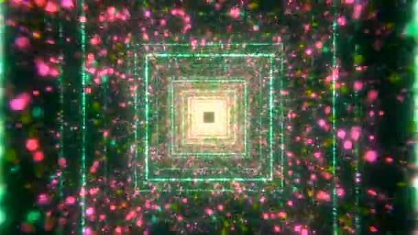 Túnel hipnótico de quadrados de néon e partículas. Moção. Túnel brilhante com muitas partículas e quadrados. Repetindo quadrados criando túnel brilhante — Vídeo de Stock