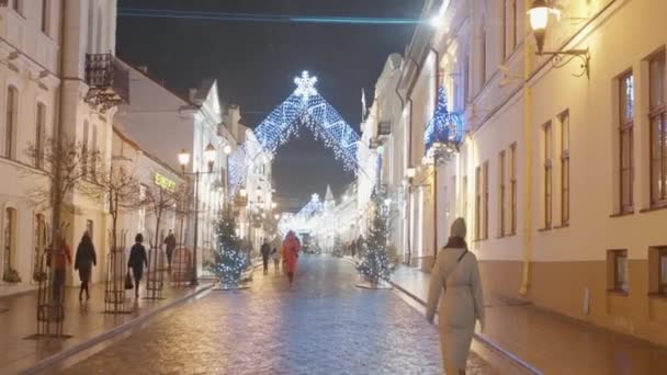 Winterstraße Aktion Eine Wunderschön Dekorierte Silvesternacht Straße Die Mit Lichtern — Stockvideo