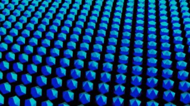 Siyah arkaplan. Görev. Soyutlamada keskin kenarlı mavi daireler ışığı birbirlerine iletir ve kendi etraflarında dönerler. Yüksek kalite 4k görüntü