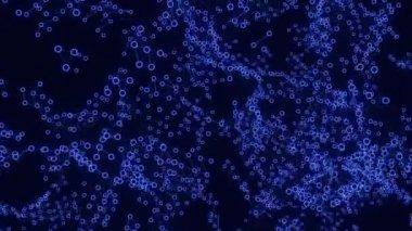  Siyah arka plan. Tasarım. Siyah arka plandaki mavi parlak moleküller soyutlamada farklı yerlerde koşuşturuyorlar. Yüksek kalite 4k görüntü
