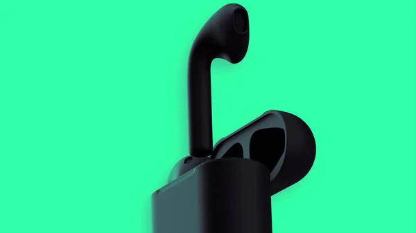 Πράσινο φόντο με μαύρες σταγόνες αέρα. Κίνηση. Μαύρο ασύρματα ακουστικά σε μια περίπτωση κίνηση στην αφαίρεση σε ένα πράσινο φόντο. — Φωτογραφία Αρχείου