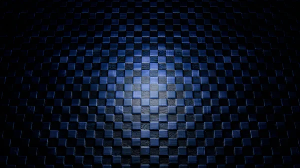 Abstract rotating dark blue chequered surface with one light spot in the middle surrounded by shadow. Design. Spinning squared floor texture, seamless loop. — Stock Photo, Image