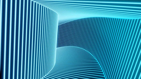 霓虹灯蓝色明亮的隧道。设计。一个用不同颜色闪烁着光芒并在里面翻转了80度的抽象. — 图库照片