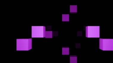 Renkli küplerin ekrana doğru uçtuğu soyut minimalist bir arkaplan. Tasarım. Eski moda nostaljik tetris oyununun arayüzü, kusursuz döngü.