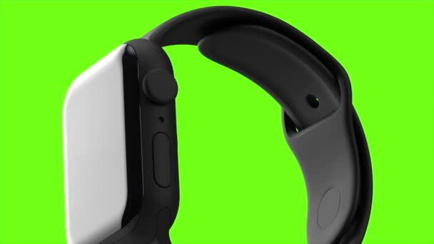 Fond lumineux vert. Motion. Les montres Apple en noir qui sont boutonnées sont fabriquées dans l'abstraction. — Video