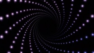 Karanlık uzayda parlayan parçacıkların sonsuz spirali. Tasarım. Siyah bir zemin üzerinde küçük dairelerin dönen girdabı, pürüzsüz döngü.