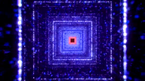 Obrovské čtverce s malými částicemi plovoucími kolem. Pohyb. Většina geometrických tvarů, které tvoří tunel, který se pohybuje vpřed v abstrakci. — Stock video